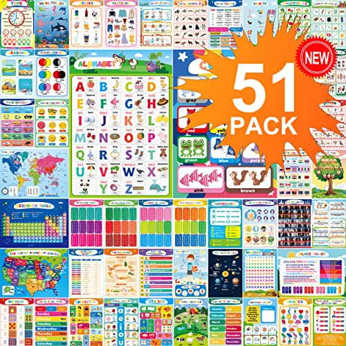 51PCS Educational Preschool Posters For Toddlers Kindergarten Classroom Learning Decoration Kids Posters With 400 Glue Dots 16” X 11” Teach Numbers Letters Colors Days and More learning Posters