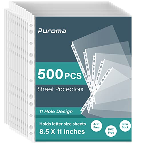 Puroma 500 Pack Sheet Protectors, 11 Hole Clear Heavy Duty Page Protectors, Fits Standard 8.5 x 11 inch, Top Loading Paper Protector, Plastic Sleeves for Binders
