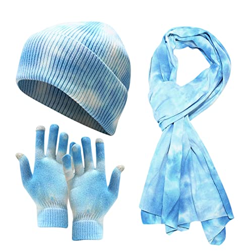 Men Women Fashion Hats for Winter,Warm Knitted Adult Windproof Hat Cycling Skiing Tie-dye Printed Hat Scarf Gloves Set Blue, One Size