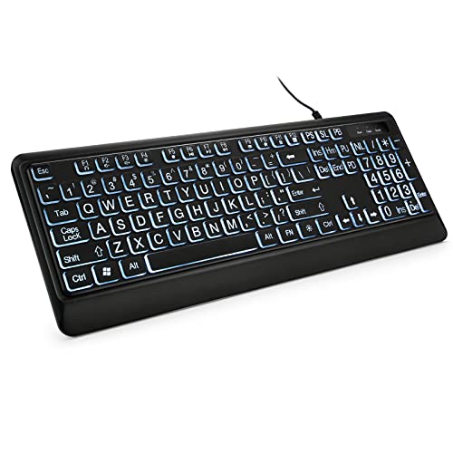 KOPJIPPOM Large Print Backlit Keyboard, Quiet USB Wired Computer Keyboard, Full Size Keyboard with White Illuminated LED Compatible for Windows Desktop, Laptop, PC, Gaming, Black