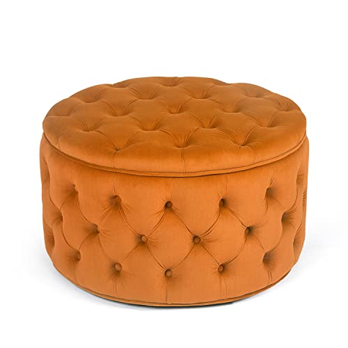 Homebeez Round Velvet Storage Ottoman, Button Tufted Footrest Stool Coffee Table for Living Room ,24.8″ L x 24.8″ W x 15.4″ H,Orange