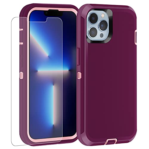 Compatible with iPhone 13 Pro Max Case with Tempered Glass Screen Protectors,3 Layers Military Full Body Drop Protective Heavy Duty Shockproof iPhone 13 Pro Max Case 6.7 inches Purple/Pink