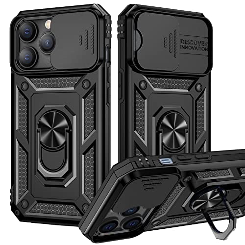 Goton Armor Case for iPhone 13 Pro Case with Slide Camera Cover & Kickstand, Heavy Duty Military Grade Protection Phone Case, Built-in 360° Rotate Ring Stand, Shockproof Full Body Rugged Case (Black)