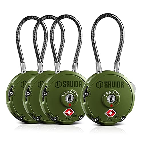 Savior Equipment Quality TSA-Approved 3-Digit Combination Cable Travel Luggage Locks for Rifle Bag Firearm Gun Case Accessories Ammo Boxes Outdoor Storage, Olive Drab Green, 4-Pack
