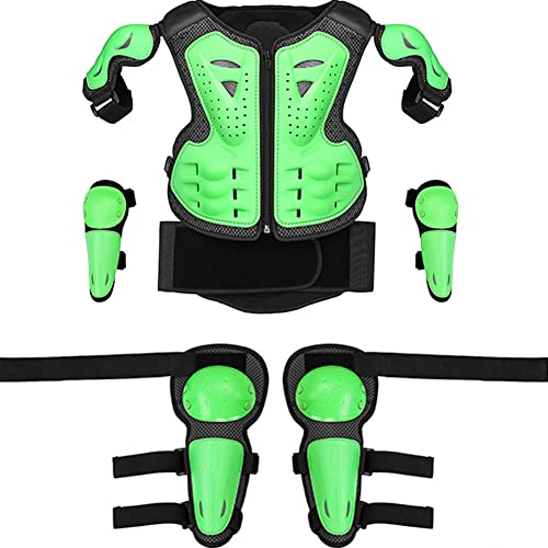 Kids Motocross Gear Armor Vest Suit Dirt Bike Protective Gear Children’s Chest Spine Protector Child Elbow Knee Pads for Outdoor Racing Riding Skating Snowboarding Skiing Green