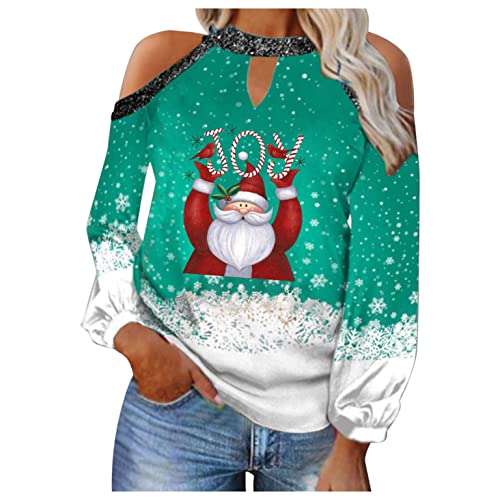 Merry Christmas T Shirt for Women Cold Shoulder Graphic Print Fall Shirts Lantern Sleeve Cute Holiday Blouse Tops