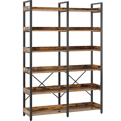 Seventable Bookshelf 6 Tier with 4 Hooks, 69” Industrial Wooden Bookcase, Vintage Storage Rack with Open Shelves, Rustic Standing Bookshelves Metal Frame 47.3” Wide Display Rack, Rustic Brown