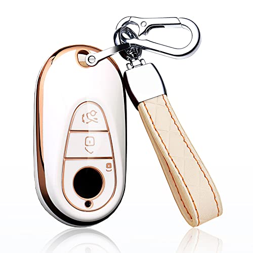 HIBEYO TPU Car Key Fob Cover with Keychain fits for Mercedes Benz W223 S Class S300 S350 S450 S500 2020 2021 Car Key Case Cover Jacket Smart Remote Car Key Holder Shell Protector 3 Button White