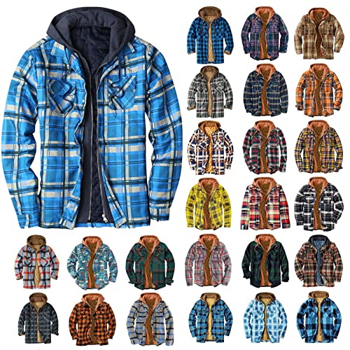 CHSWVUKQ Mens Thermal Quilted Lined Flannel Sherpa Jacket Button Long Sleeve Thicken Warm Pockets Hood Plaid Shirt Coat, 01-blue