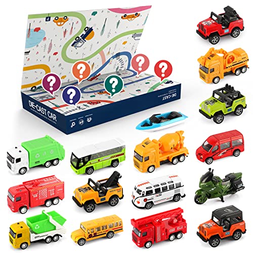 BLUEJAY Toy Cars Trucks for 3 4 5 Year Old Boys Toys, Car Toys for Toddlers, 16 Packs Die Cast Metal Pull Back Cars for Kids, Boy Girl Toys Christmas and Birthday Vehicle Gift in one Set Blind Box