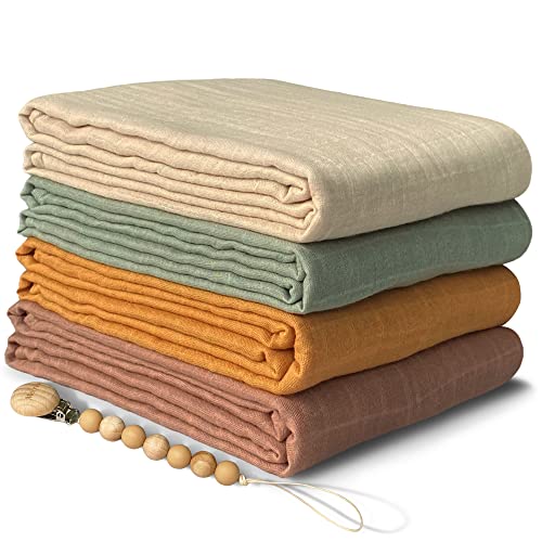 Moonkie Muslin Swaddle Blanket, Essentials Baby Receiving Blanket for Girls and Boys, Infant Wearable Swaddling Set, 47 x 47 inches, 4 Pack (Light Sea Green/Fall Yellow/Beige/Natural)