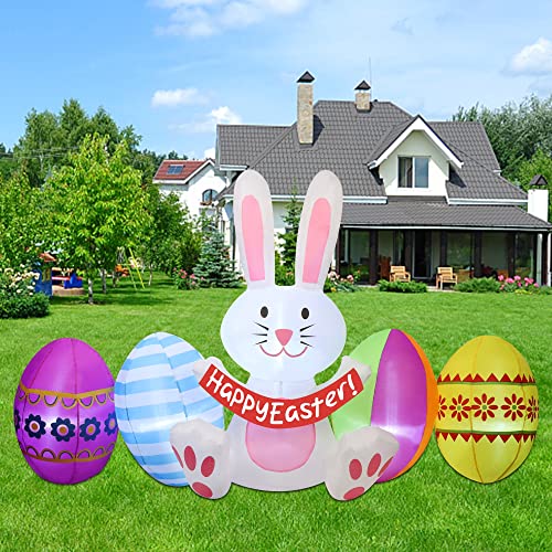 DR.DUDU 7 FT Long Easter Inflatable Bunny with Eggs, Happy Easter Inflatable Decorations, Easter Bunny Blow up for Outdoor Garden Yard Lawn Holiday Party
