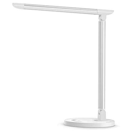 Desk Lamp, LED Lamp Dimmable Eye-Caring Table Lamp with 5 Lighting Models 7 Brightness Levels, USB Charging Port Adjustable Design for Home Office Dorm Room, White