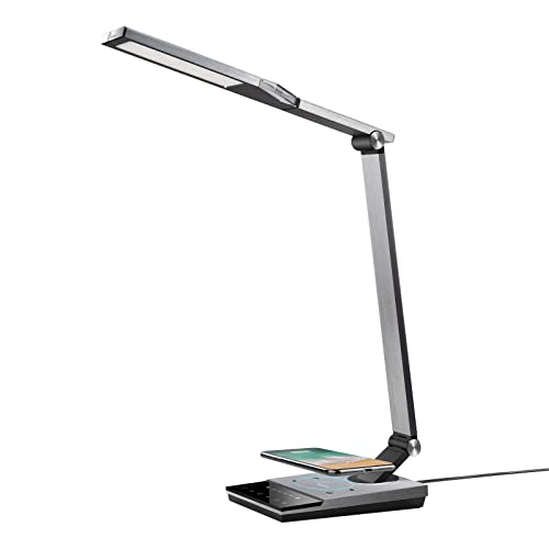Gteetoo Metal LED Desk Lamp, Workbench Office Light with Fast Wireless Charger, Eye-Caring Architect Desk Lamps with 5V/2A USB Port for Home Office, 5 Color Modes & 6 Brightness Levels, Touch Control