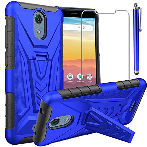 for AT&T Calypso (U318AA) Case, Cricket Vision 3 Case, with Tempered Glass Screen Protector Heavy Duty Protection Technology Built-in Kickstand Rugged Shockproof Protective Phone Case, Blue