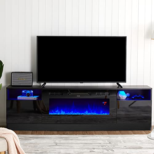 Amerlife Fireplace TV Stand with 36″ Electric Fireplace, LED Light Entertainment Center, Modern Wood Texture Entertainment Stand with Highlight Storage Cabinet for TVs Up to 80″, 70 inches, Black