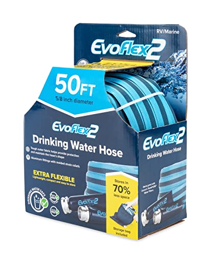 Camco EvoFlex2 50-Foot Lightweight RV/Marine Drinking Water Hose, 5/8-inch ID | Features an Extra Flexible Design | Drinking Water Safe and Provides Great Tasting Water | Storage Bag Included (22578)
