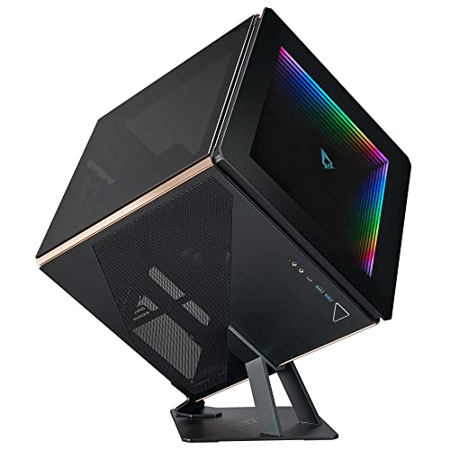 AZZA Regis PC Case – ATX Cube Enclosure with ARGB Infinity Mirror, Detachable Tempered Glass & Brushed Aluminum Panels, Gold Trim Frame, Versatile Layout, Angled Stand, 140mm Fan & PWM/ARGB Hub
