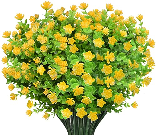 AIOR 10 Bundles Artificial Flowers, UV Resistant Fake Flowers Plastic Greenery Shrubs Plants for Floral Arrangement, Hanging Pots, Home Garden Decor Graduation (Yellow)