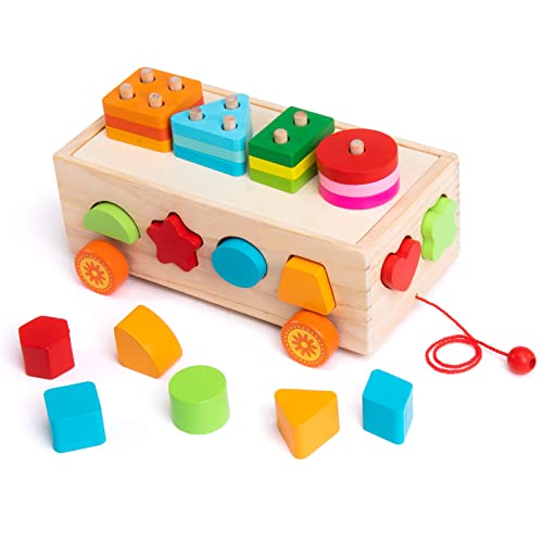 LyFu Montessori Toys for 1 2 3 Year Old,Shape Sorter Toys for Toddlers 1-3 Year Old, Wooden Sorting Car Toy with Recognition Stacker Puzzle Toys, Early Educational Toys for Toddlers