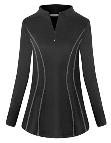 Yoga Shirts for Women Loose Fit, Ladies Long Sleeve Quarter Zip Pullover Tunic Tops Sun Protection Fishing Tees 1/4 Sweatshirts Quick Dry Performance Athletic Workout Clothes Plus Size Black XXL