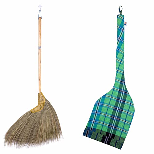 39-inch Tall of Asian Straw Broom Witch Broom Thai Natural Grass Broom with Solid Wood Handle and Handgrip Nylon Thread
