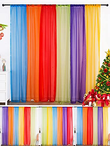 Horeal 6 Panels Rainbow Sheer Curtains Colorful Window Decoration Voile Drapes 84 Inches Christmas Party Favors for Kids Girls Boys Classroom Decor Bedroom Backdrop(W40 x L84)