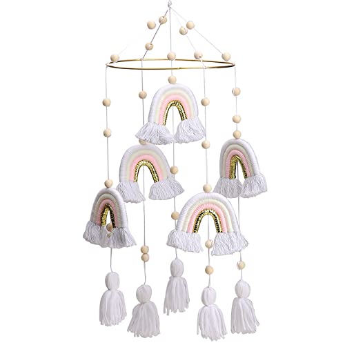 Mobile for Crib – Boho Colorful Mobile for Neutral Genders – Mobile with Golden Ring, Rainbow Felts, Wooden Balls – Cute Mobile Hanging for Ceiling Decoration – Nursery Mobile for Bassinet – Baby Gift
