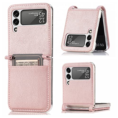 LakiBeibi for Samsung Galaxy Z Flip 3 Case, Slim Flit Premium Lychee Leather + Hard PC Galaxy Z Flip 3 Wallet Case with Card Slots Protective Phone Case for Samsung Galaxy Z Flip 3 5G Case, Rose Gold