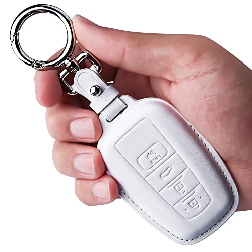 Tukellen for Toyota Key Fob Cover Genuine Leather With Keychain,Leather Key Case Protector Compatible With RAV4 Camry Corolla Avalon C-HR Prius GT86 Highlander (only for Keyless go)-White