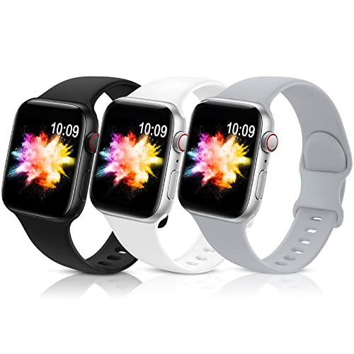 3 Pack Bands Compatible with Apple Watch Band 38mm 40mm 41mm 42mm 44mm 45mm, Sport Silicone Wristbands Soft Strap Replacement for iWatch Series 7 6 5 4 3 2 1 SE Black White Gray Women 38/40/41mm