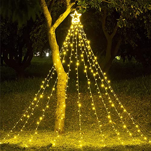 Lxcom Lighting LED Waterfall Outdoor String Lights Plug in Fairy String Lights 11.5Ft 350leds 9 Strands Decorative Star Twinkle String Lights for Garden Home Party Wedding Decorations(Warm White)