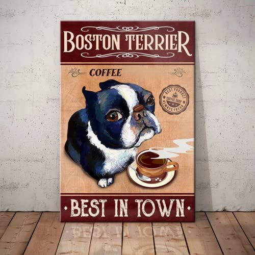 Boston Terrier Dog Coffee Retro Metal Tin Sign Vintage Sign for Home Coffee Garden Wall Decor 8×12 Inch
