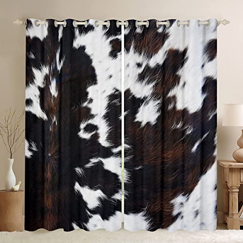 Brown Cowhide Window Curtains Western Black White Cow Print Curtains For Bedroom Living Room Bull Cattle Animal Fur Curtain Drapes Rustic Farmhouse Cowboy Window Treatments 2 Panels 42″Wx63″L
