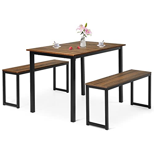 COSTWAY 3 PCS Dining Table Set for 4, Rectangular Kitchen Table with 2 Benches, Industrial Counter Height Table Set with Anti-Slip Pads, Heavy Duty Steel Frame for Dining Room, Kitchen, Bar (Natural)