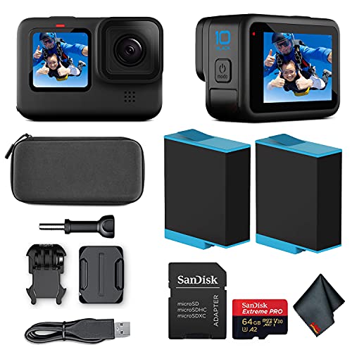 GoPro HERO10 Black (Hero 10) – Waterproof Action Camera with Front LCD and Touch Rear Screens, New GP2 Engine, 5K HD Video, 23MP Photos, Live Streaming, 64GB Extreme Pro Card and Extra Battery