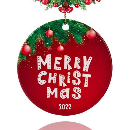 Christmas Ornament 2022, 3″ Ceramic Christmas Decorations Hanging Ornaments, Christmas Tree Ornaments (Merry Christmas)