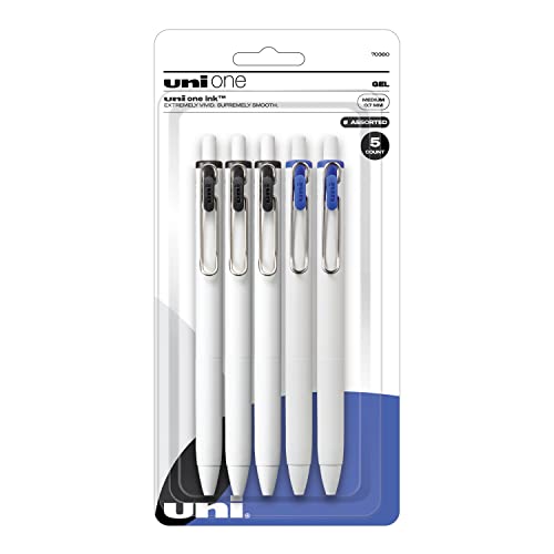uni-ball One Retractable Gel Pen 5 Count (Pack of 1) in Assorted Colors with 0.7mm Medium Point Pen Tips, Uni-ONE Ink is Vivid, Bright, and Protects Against Water, Fading, and Fraud