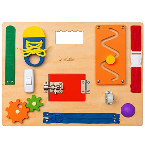 Busy Board – Wooden Montessori Activity Board for Toddlers & Kids – 12 Educational Sensory Toys to Learn Basic Life Skills & Develop Fine Motor Skills + Baby Mirror