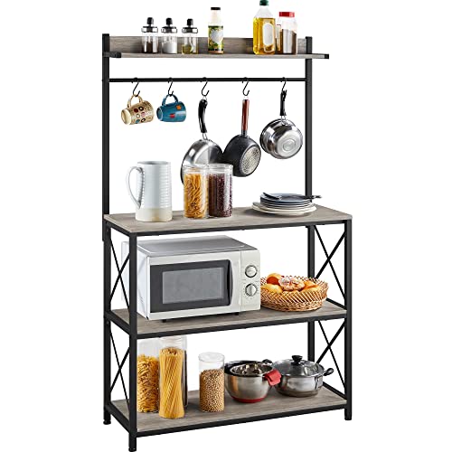Yaheetech Kitchen Bakers Rack, Microwave Oven Stand Freestanding Utility Storage Shelf with 5 Hooks, Coffee Bar Station Kitchen Organizer Shelves for Dinning Room, Gray