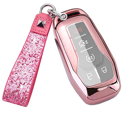 Royalfox(TM) 4 5 Buttons TPU keyless Entry Remote Key Fob case Cover for Ford Mustang F150 F450 Explorer Taurus Fusion Edge Lincoln MKZ MKC MKX Key Strap (Rose Gold)