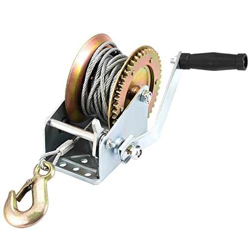 MUKCHAP 1600 Lbs Hand Crank Winch with 32 ft(10m) Cable, Two Way Ratchet Cable Crank Gear Winch, Steel Towing Manual Ratchet Winch