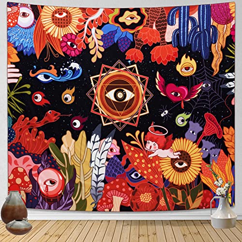 WINhouse Psychedelic Botanical Eye Tapestry,Nature Flowers Sad Trippy,Fantasy Angel Abstract Plant Image ​Art Tapestry,Colorful Floral Night Sky Aesthetic,Wall Hanging Decor Living Bedroom(59x51inch)