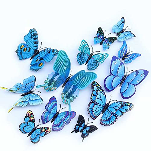 24PCS 3D Butterfly Wall Decals Removable Butterfly Decor for Girls Stickers Kids Bedroom and Room Decoration Art Mural Double Layer Blue KEYHHAO