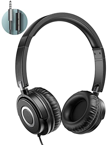 Headphones with Microphone, Lightweight Foldable on Ear Headset for Kids Teens Adults, Wired Stereo Headphones with Deep Bass, Portable Design for Home Office Travel Virtual Schooling, Black