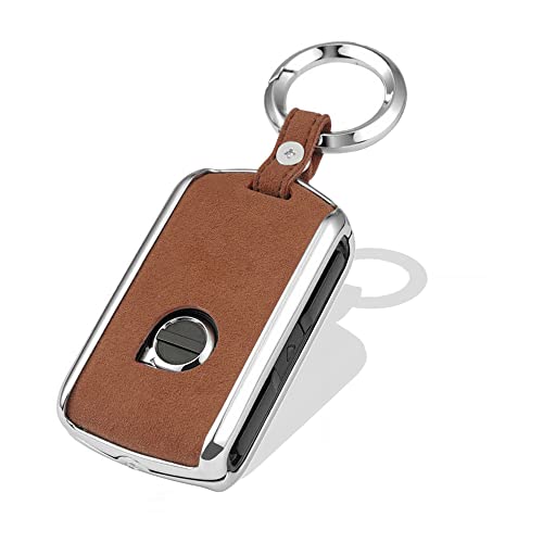 SANRILY 1Pcs Suede Leather Smart Key Fob Cover for Volvo XC90 2018 XC60 S90 V90 2019 2020 Keyless Keychain Holder Full Protection Key Fob Shell Case Browm