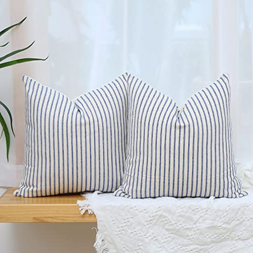 Hckot Blue and Beige Striped Farmhouse Throw Pillow Covers 18 x 18 Inch, Set of 2 Rustic Linen Decorative Pillow Case for Couch Sofa Cushion Cover Boho Modern Decor(Blue)