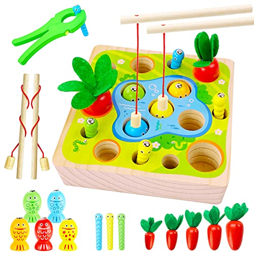 Celarlo Wooden Magnetic Fishing Game, Carrot Harvest Catching Worm Toy, Toddler Fine Motor Skills Toys, Montessori Preschool Learning 3 in 1 Fishing Sorting Toys Gift for Children Kids (Fishing Game)