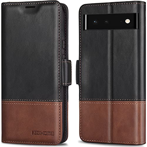 KEZiHOME Google Pixel 6 Case, Genuine Leather [RFID Blocking] Google Pixel 6 Wallet Case with Card Slots Stand Flip Magnetic Phone Cover for Google Pixel 6 5G (2021) (Black/Brown)