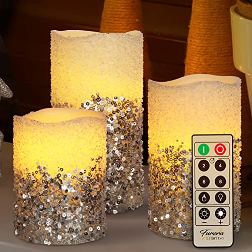 FURORA LIGHTING Christmas Decor Silver Flameless LED Candles Battery Operated, Fake Candles Glam Home Decor for Bedroom, Wedding Centerpieces Decoration, Winter Decor, 3 Pack
